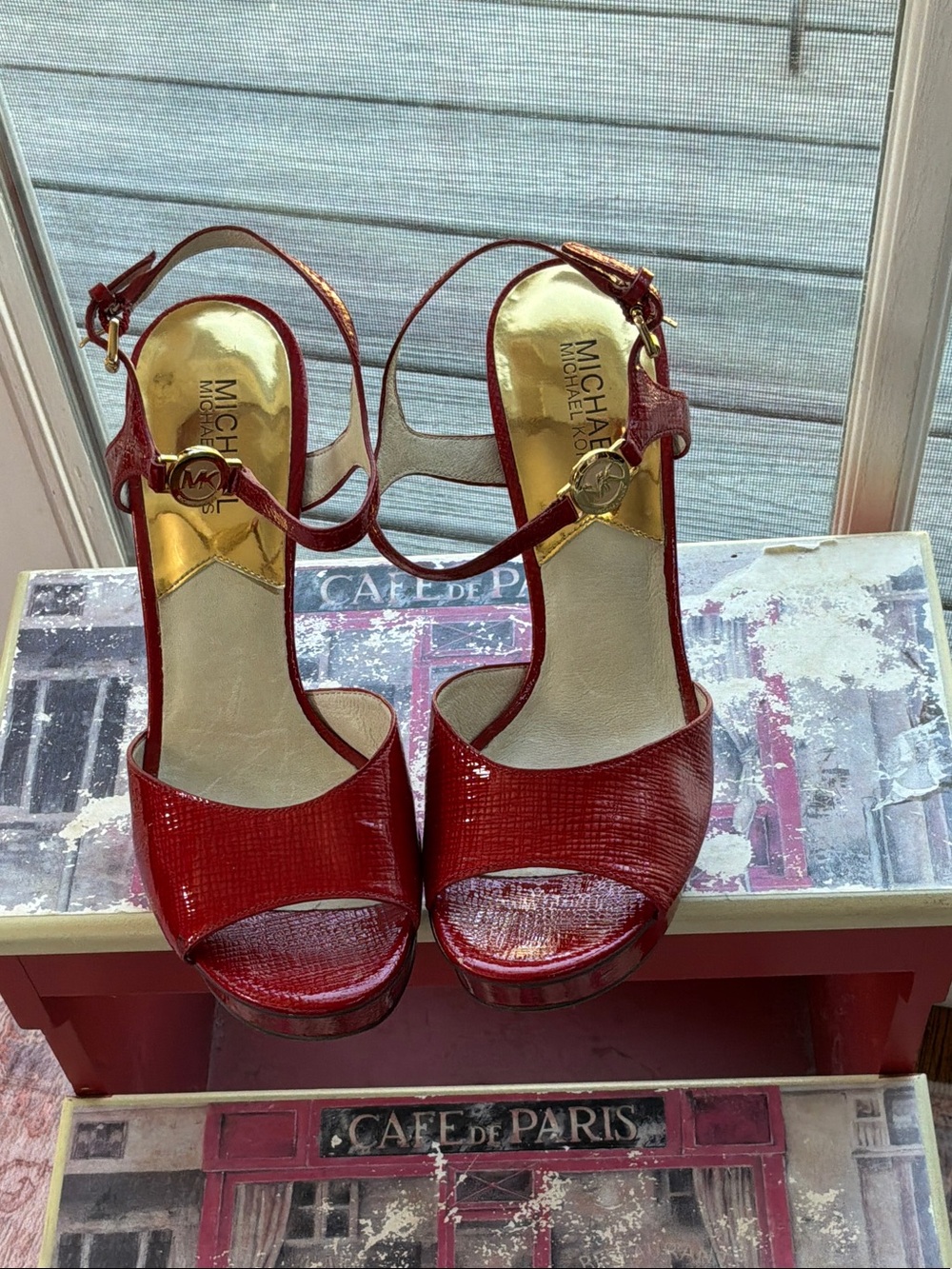 Michael Kors Red Patent Leather Open-Toe Ankle-Strap Heels